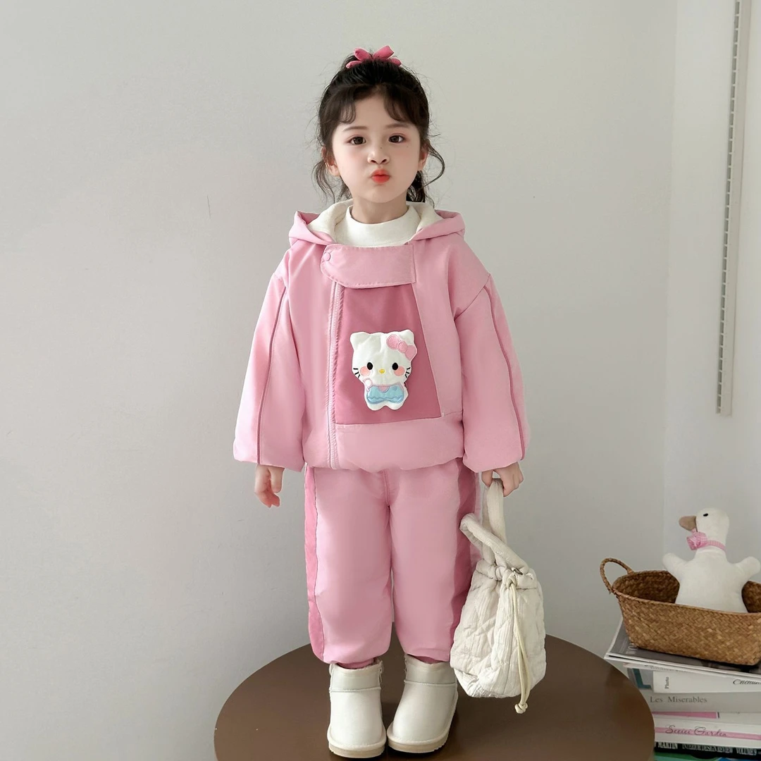 女童加绒套装秋冬季2025新款洋气儿童猫咪连帽冬装女宝宝两件套潮