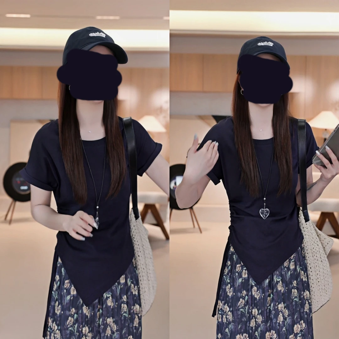 简约休闲小心机不规则抽绳圆领短袖T恤女夏季新款短款藏蓝色上衣