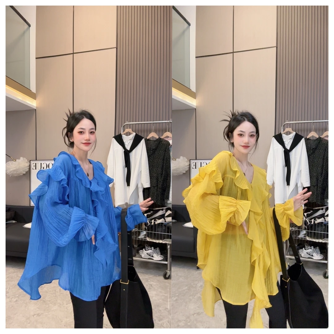 【火力全开】韩单蕾丝重工荷叶边气质宽松防晒衫上衣