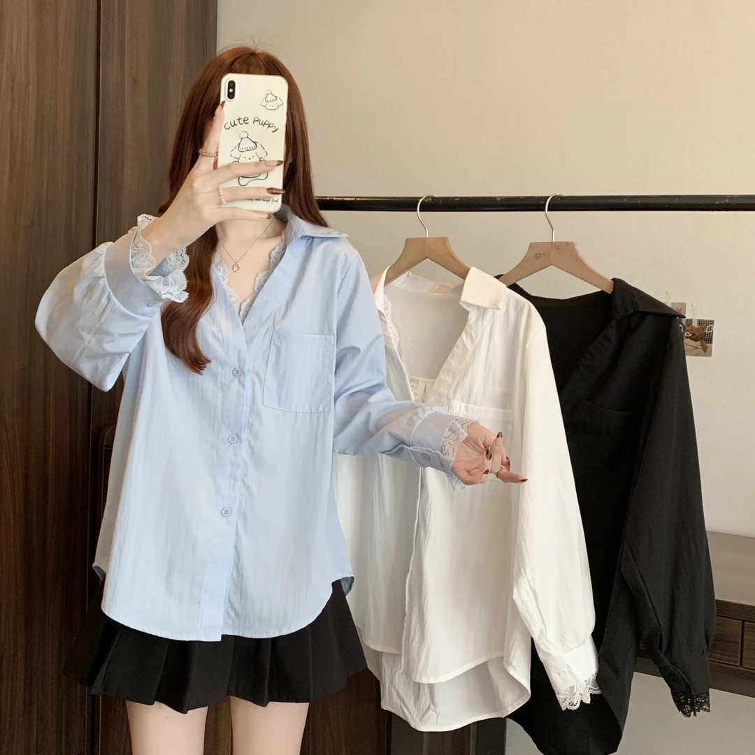 大码女装2025春季新款时尚花边单排扣口袋长袖衬衫1680