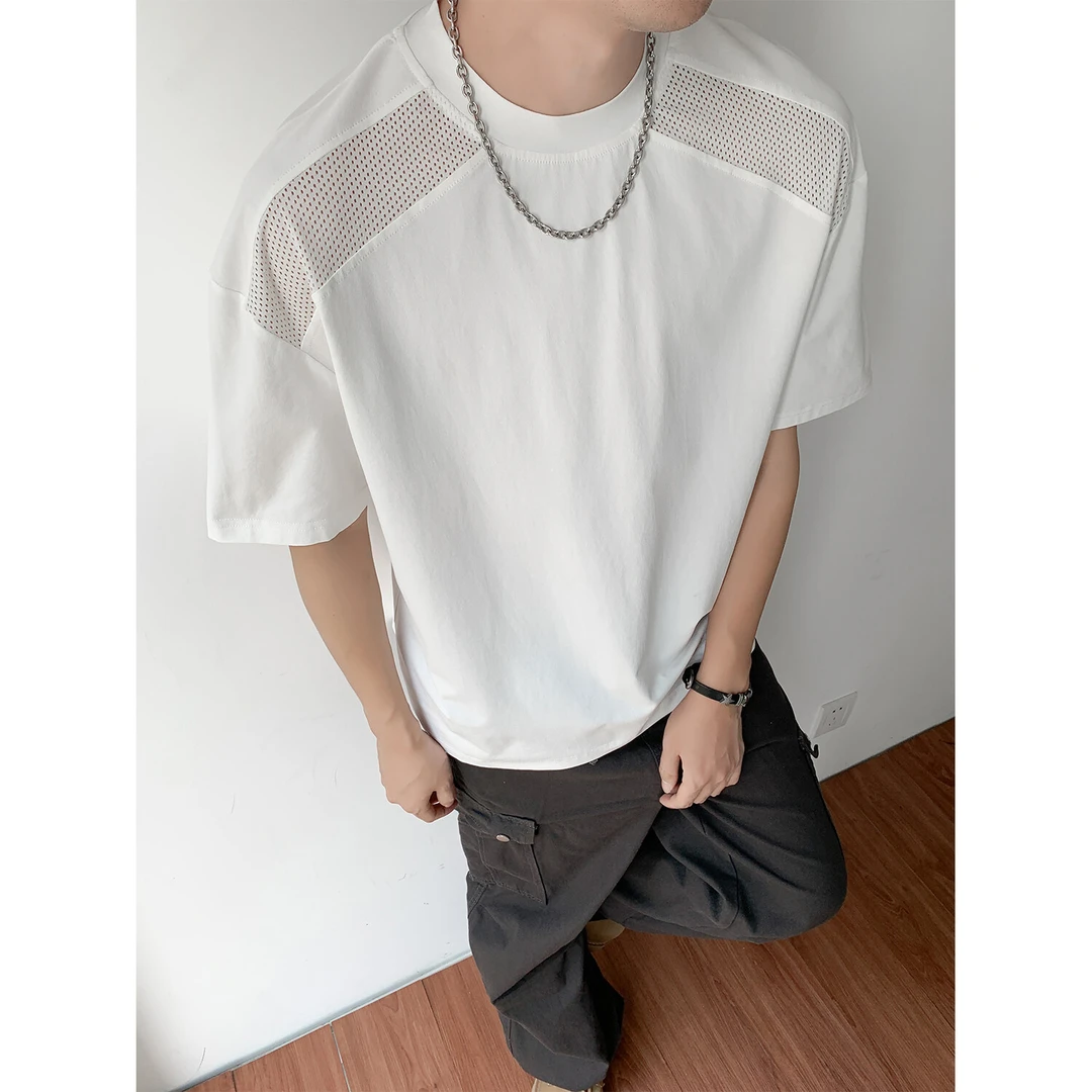 网孔透气显肩宽T恤时尚透气夏季薄款短袖休闲通用t恤圆领