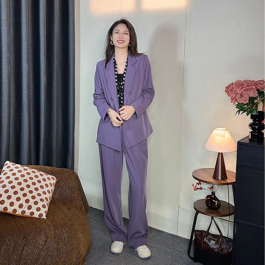 【年终清仓4】紫色春秋季薄西装中长款外套高腰阔腿裤套装