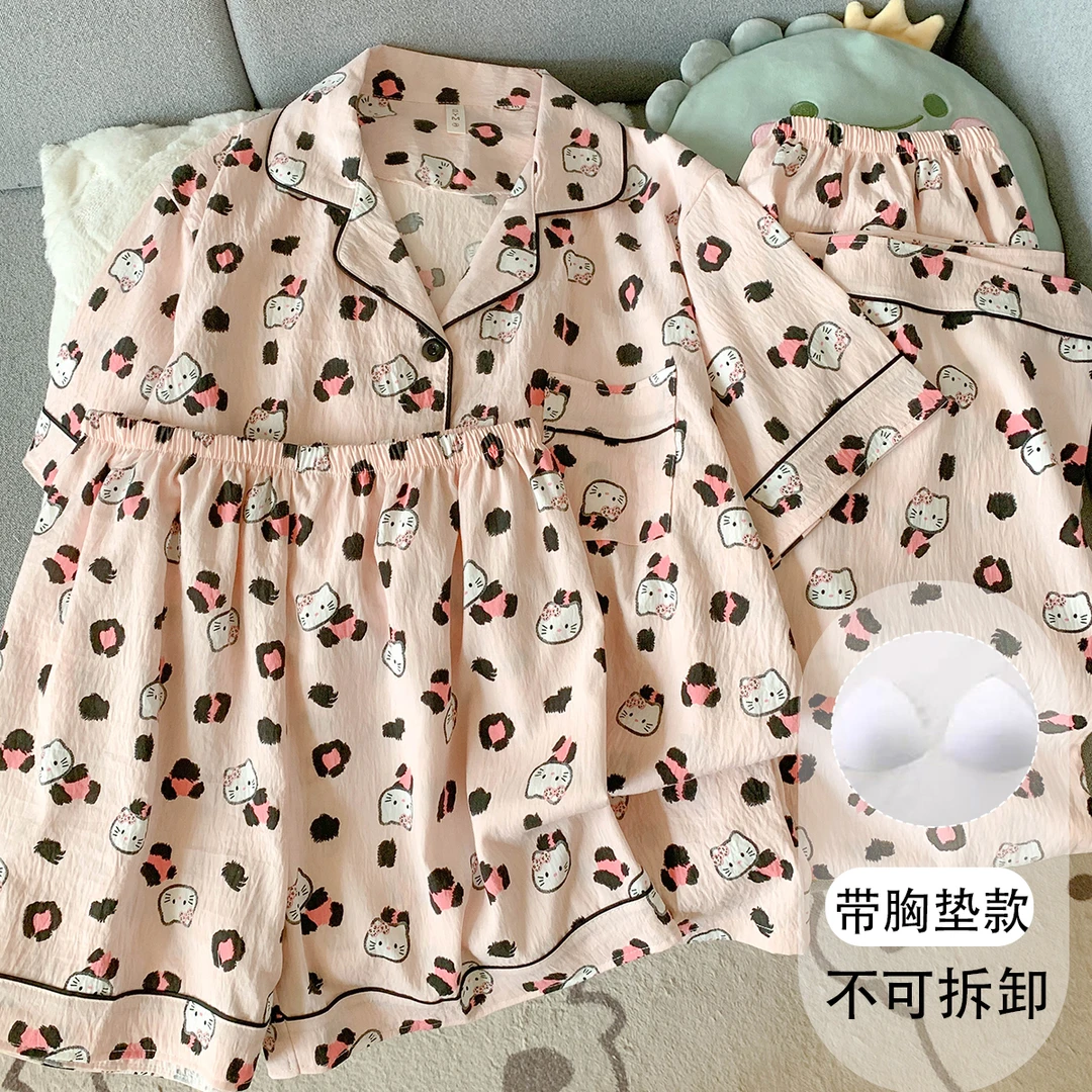 【链接有胸垫版可选】短袖睡衣可爱KT猫三件套学生薄款家居服可外穿