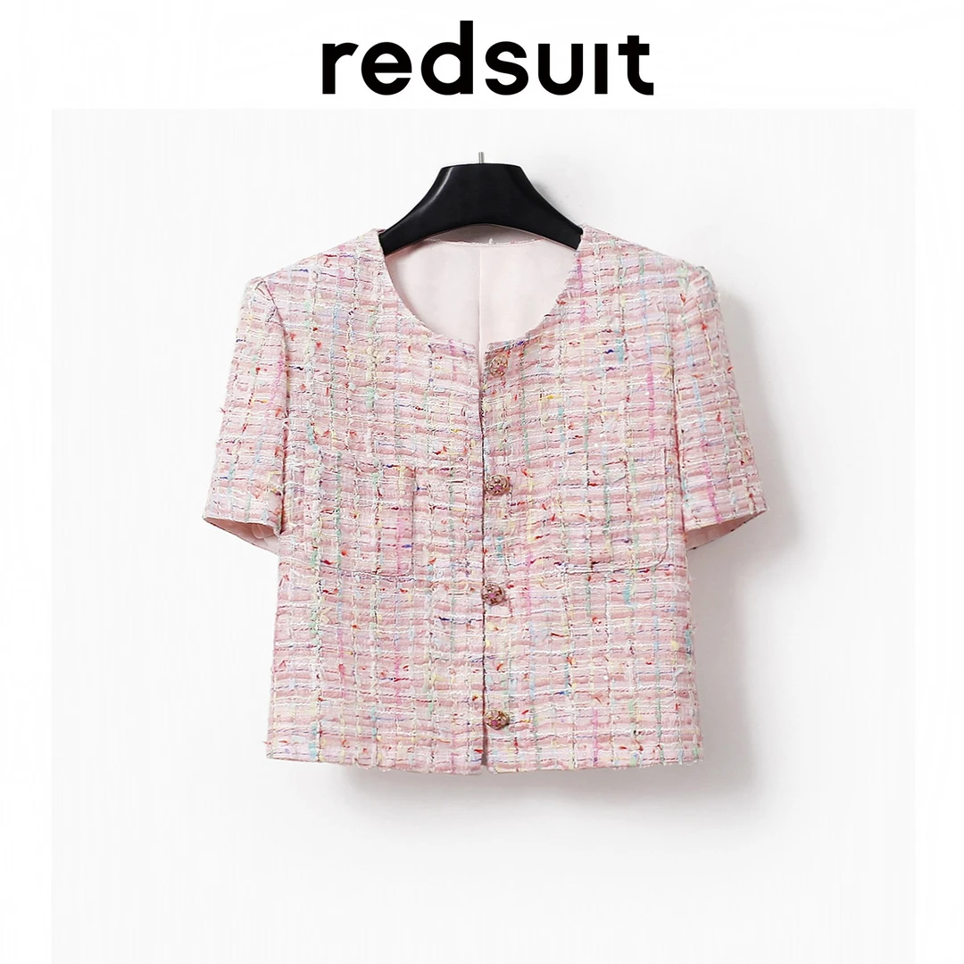 redsuit 甜美梦幻缤纷色彩小香风短款亮片点缀格子编织短袖外套