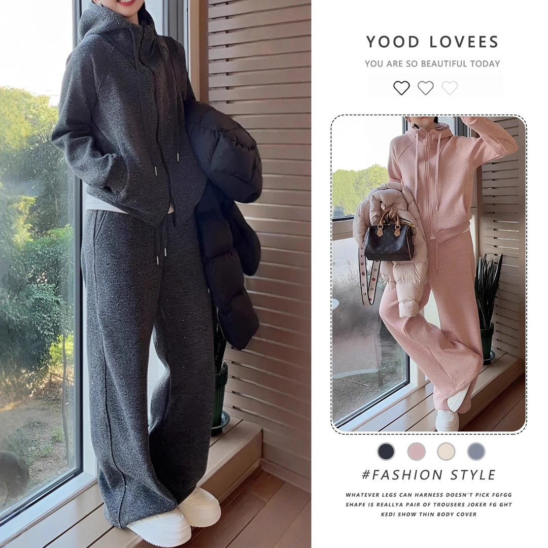拉夏贝尔2025加绒加厚连帽卫衣套装女冬季新款休闲显瘦时尚两件套