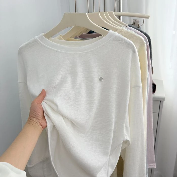 秋季长袖打底防晒圆领拼接百搭韩版内搭t恤女显瘦慵懒宽松上衣女