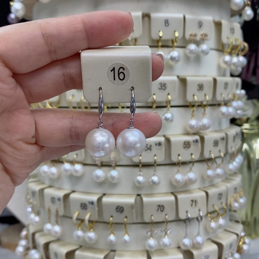 银S925镶嵌淡水珍珠耳饰12-13mm