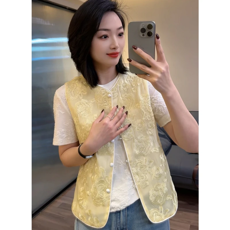 出游服装新中式国风薄款女马甲夏新款重工刺绣欧根纱马夹 25053