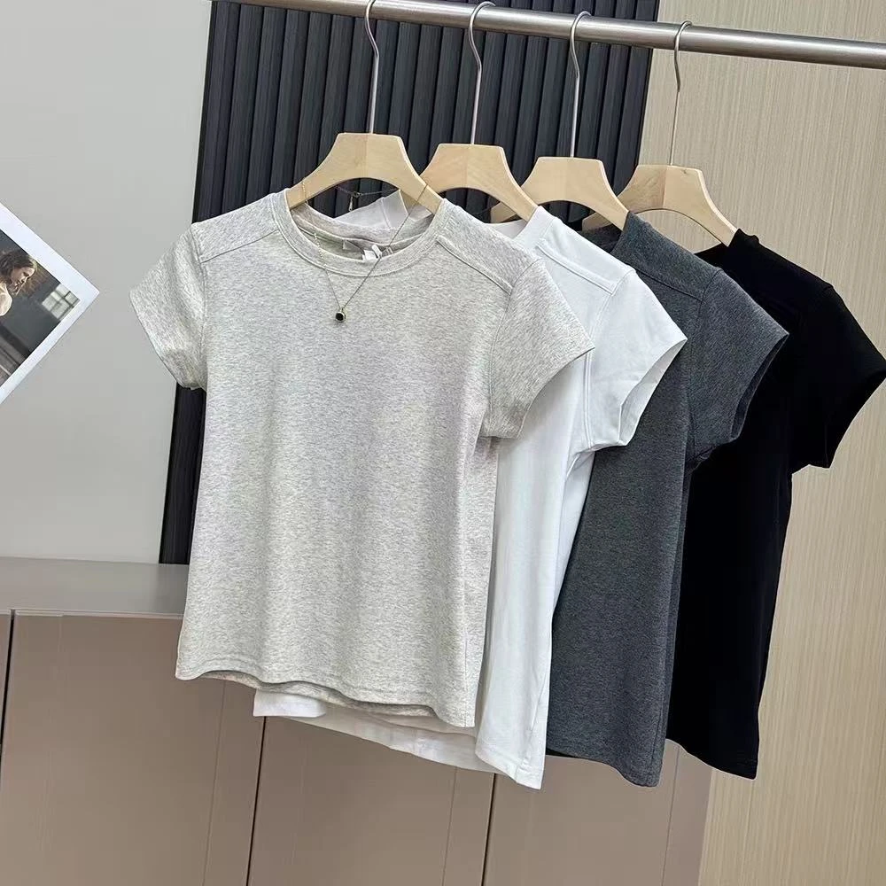 高品质韩系女友风圆领纯色正肩短袖T恤H6786