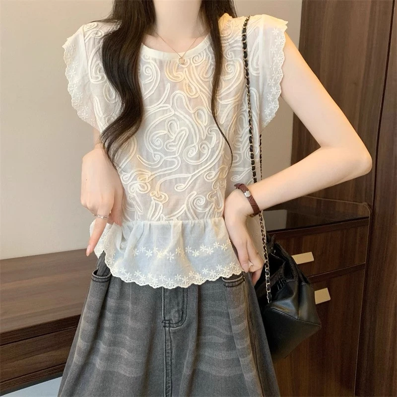 潮牌雪纺衫女士镂空重工提花小飞袖洋气蕾丝衫致漂亮小衫上衣