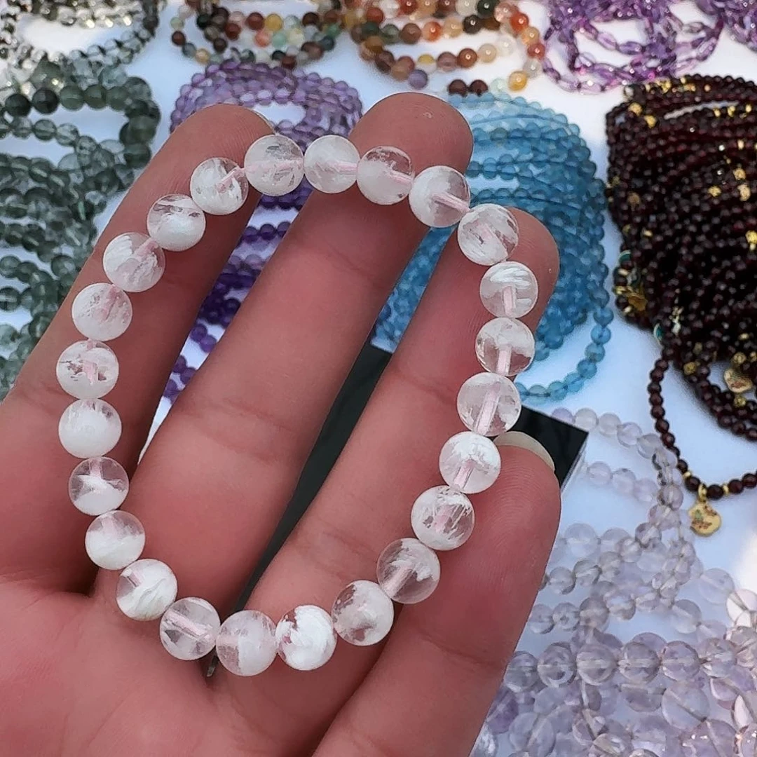 水晶白雪花聚宝盆水晶手串未镶嵌念*