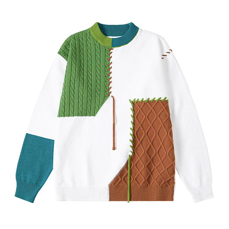 美式拼接圆领毛衣男女秋冬内搭可外穿套头针织衫休闲重磅情侣线衣
