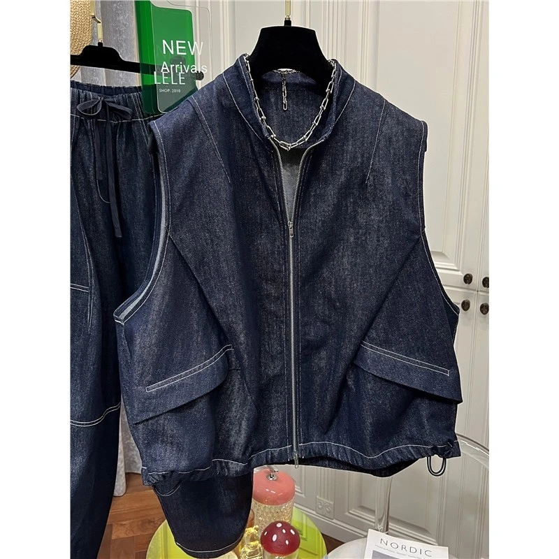 大码300斤韩版复古牛仔马甲男女装秋季新款明线设计叠穿马夹外套2