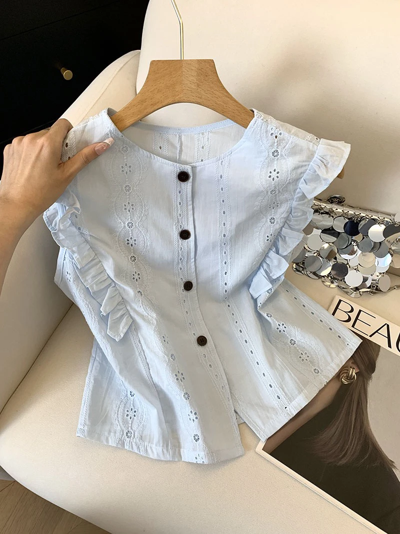 小香风木耳边褶皱拼接无袖衬衫女夏季甜美减龄单排扣马甲背心