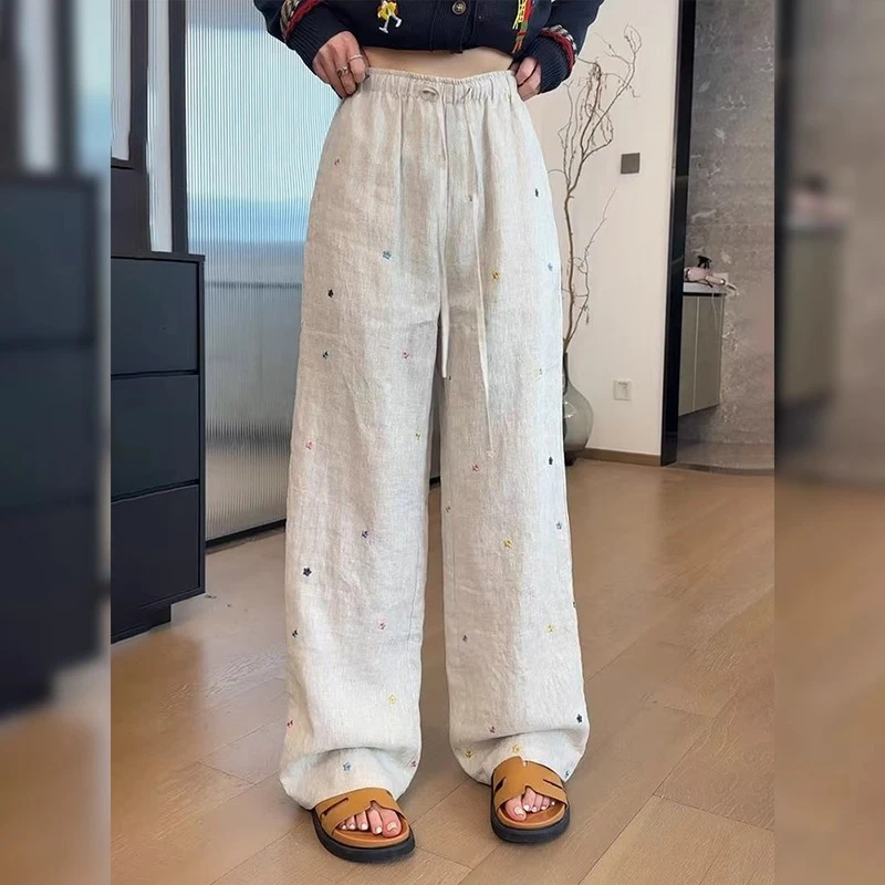 花朵刺绣藏青色亚麻休闲裤女夏季薄款大码宽松松紧腰抽绳阔腿裤子