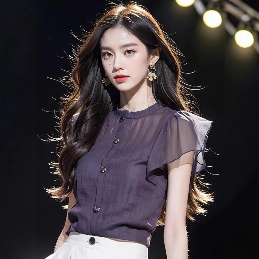 魅言爆款法式气质上衣衬衫衬衣紫色荷叶边圆领痞帅炸街风女装