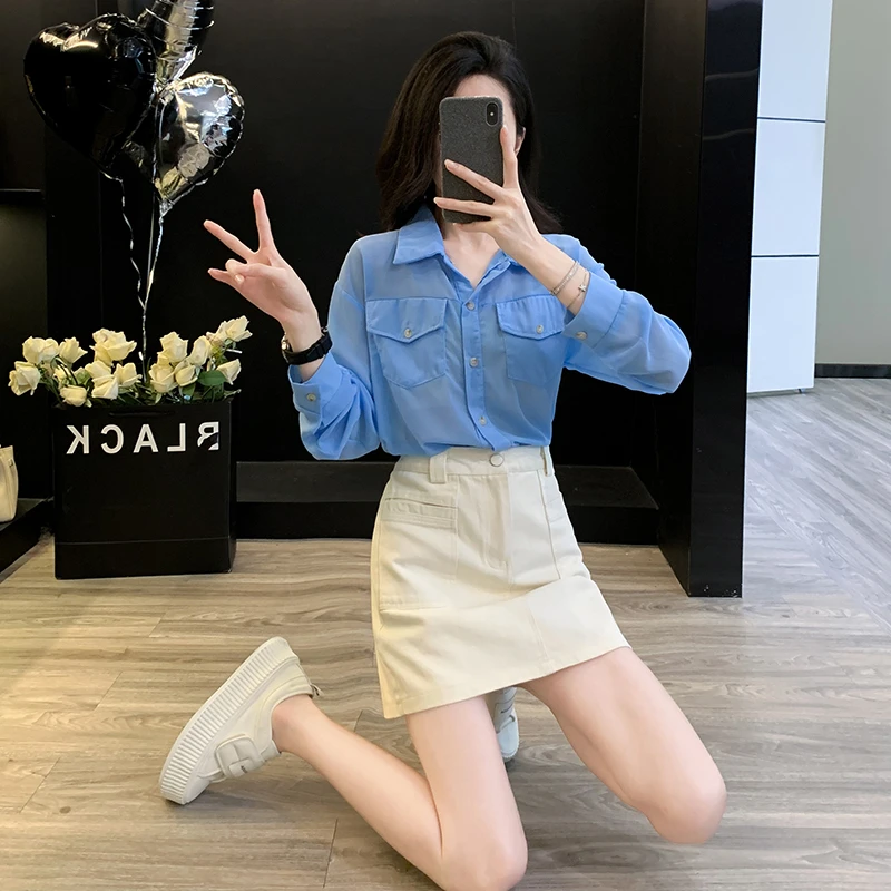 多巴胺休闲运动套装女夏季设计减龄时尚小个子衬衫牛仔短裙两件套