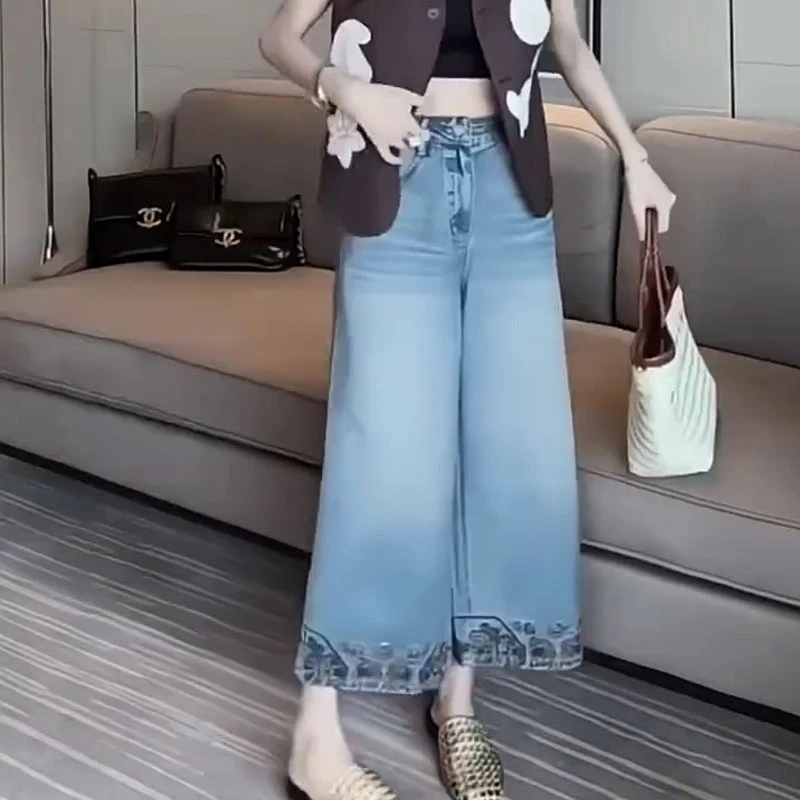高腰薄款九分牛仔裤女夏季2025年新款胖mm宽松显瘦直筒刺绣阔腿裤