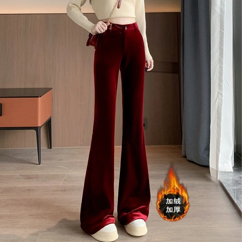 安可拉红金丝绒西装微喇裤女新款2024秋冬加绒休闲裤丝绒喇叭裤