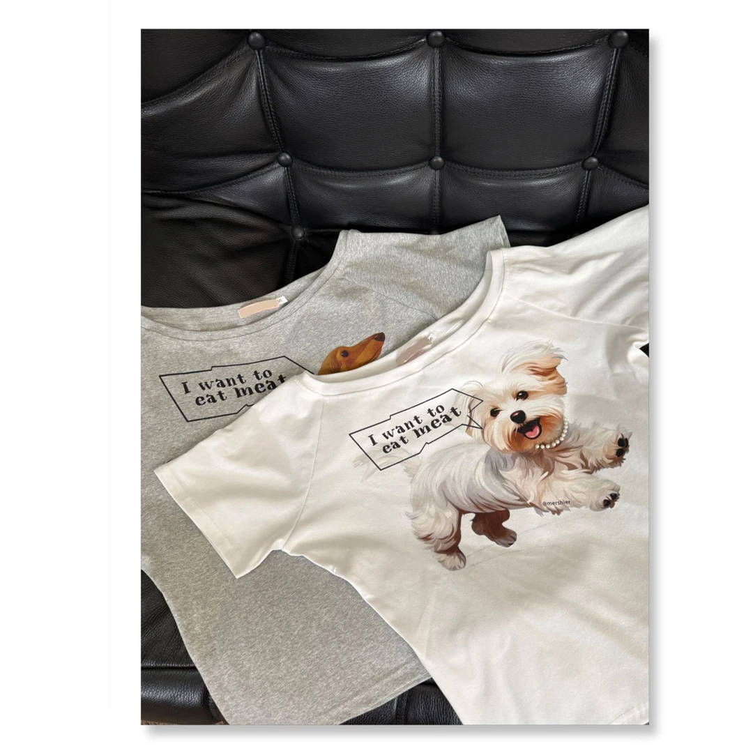 Uninhabitable 很薄很软！珍珠项链狗狗印花斜肩T恤宽松短袖上衣