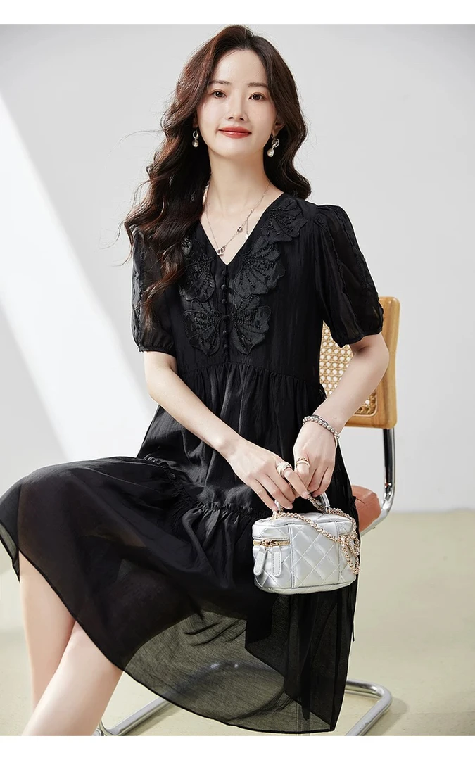 E541钉珠V领拼接时尚连衣裙女夏季2025新款欧货宽松时尚气质