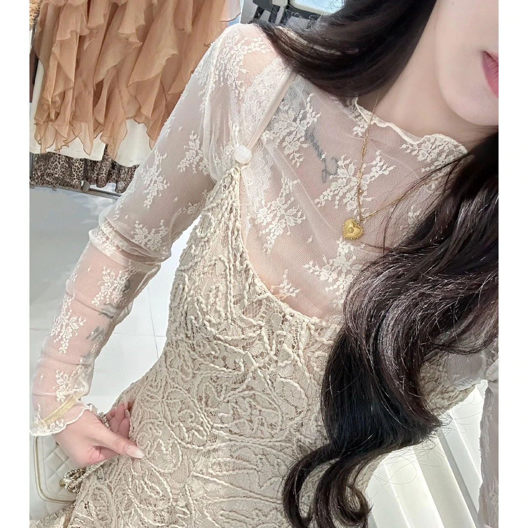 李潇洒【叠叠乐】微胖大码秋款木耳边半高领网纱蕾丝气质透感打底衫