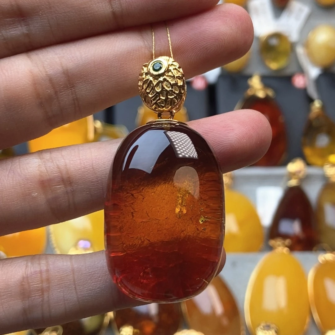 琥珀颈饰银S925镀金镶嵌