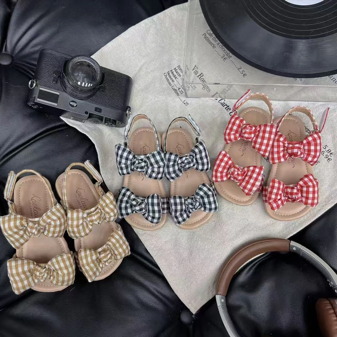 女童碎花格子布艺大蝴蝶结凉鞋LLWN720
