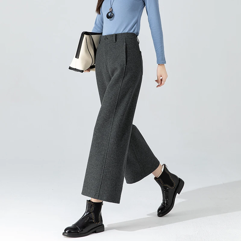 毛呢阔腿裤女2025新款冬季桑蚕丝羊毛直筒裤加厚小个子女装八分裤