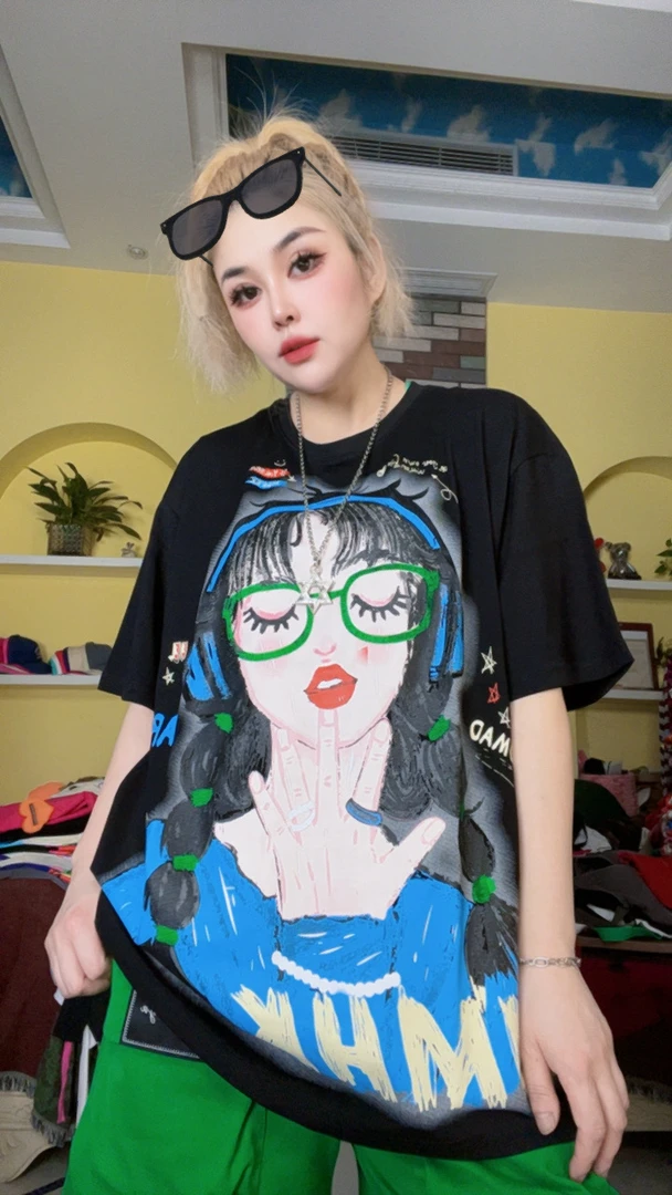 夏季美女头像潮酷休闲棉圆领短袖T恤