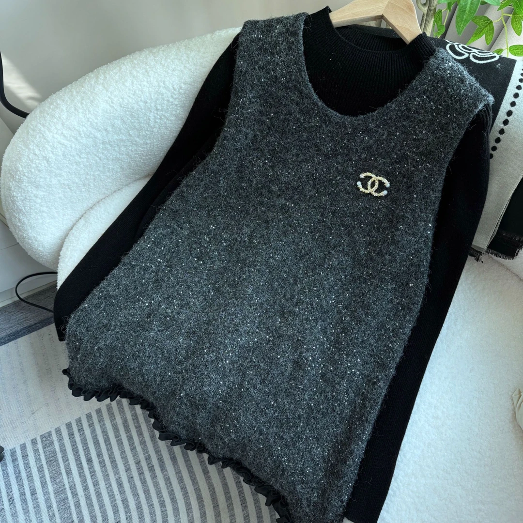 JJ006亮片裙洋气显瘦灰色重工针织马甲秋冬时尚百搭网红外穿宽松