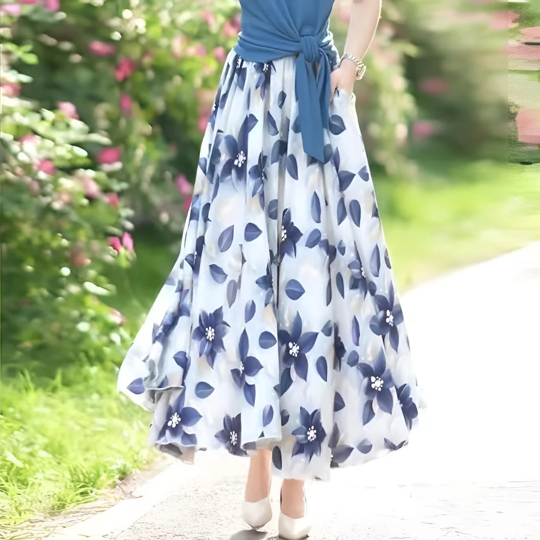 夏季薄款口袋高腰显瘦气质休闲中长款大摆A字碎花半身裙遮跨洋气