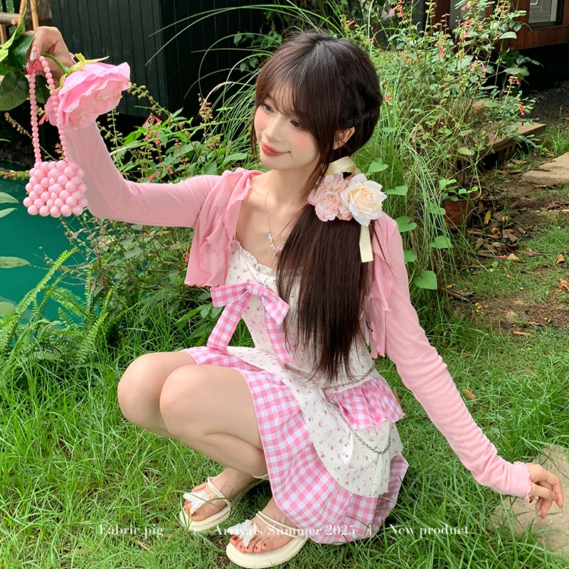 软糖泡泡 织物猪原创 甜美少女感波点吊带连衣裙女夏收腰粉色开衫