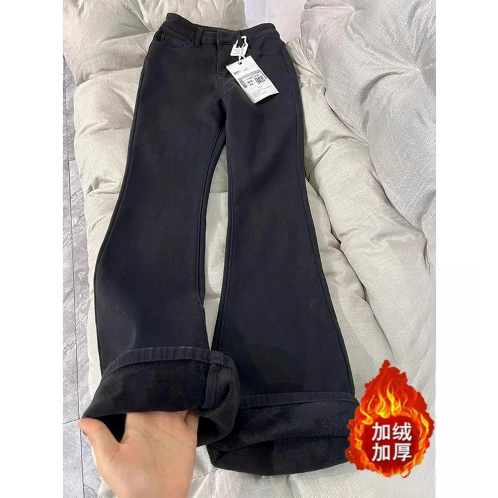 美式复古不贴腿直筒微喇牛仔裤女冬季加绒加厚垂感宽松显瘦阔腿裤