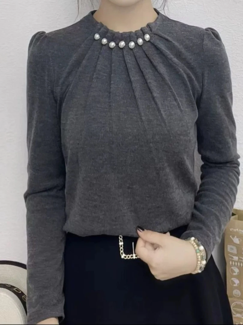 圆领韩版T恤网红休闲风打底衫常规款长袖蕾丝秋冬