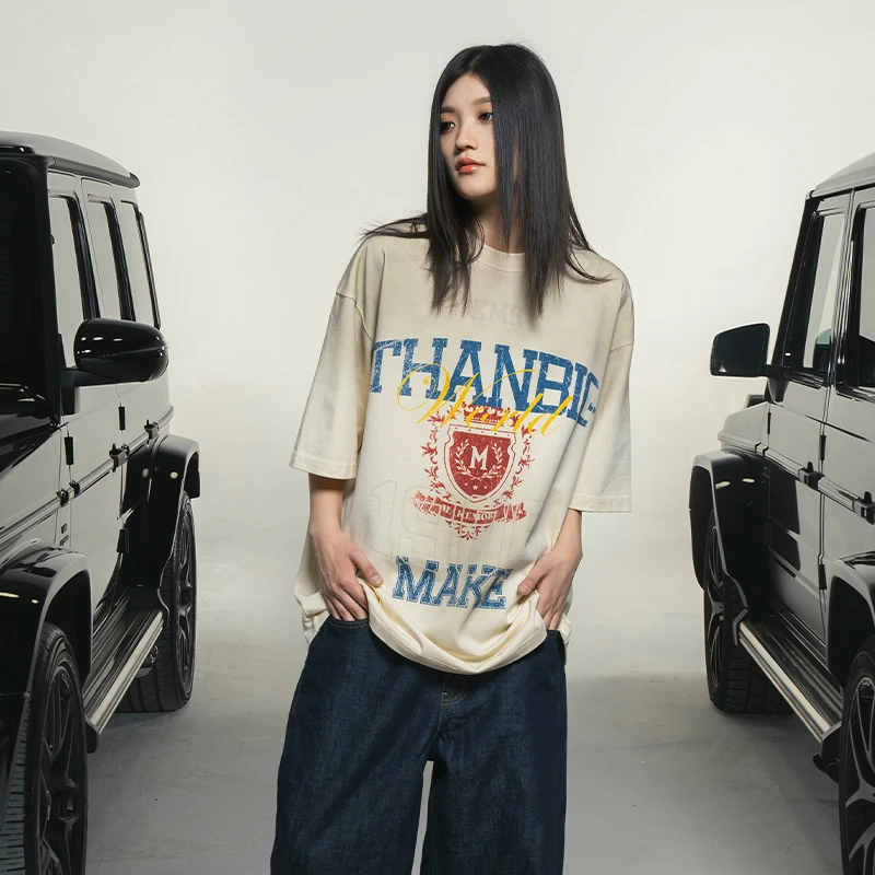 Makemore渐变喷马骝短袖美式复古潮流街头宽松休闲做旧脏脏T恤男