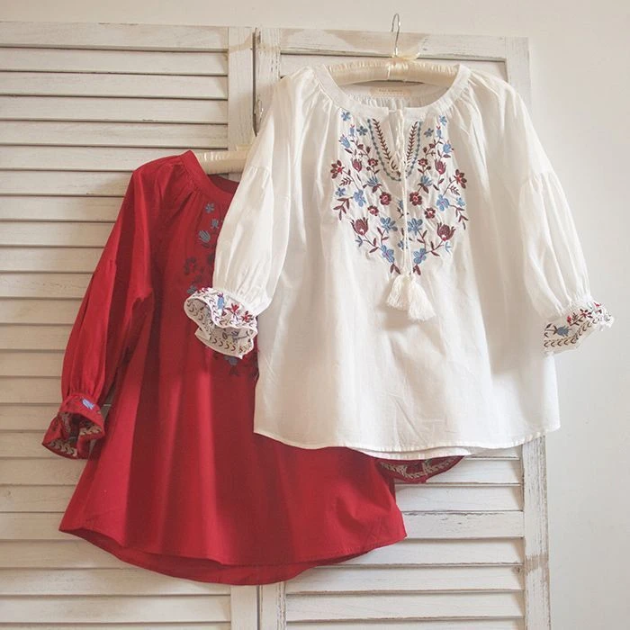 女士娃娃袖清新刺绣花边文艺灯笼纯棉宽松蓬蓬娃娃衫上衣女衬衫