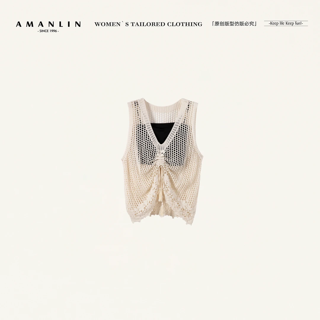 AMANLIN/阿谩琳欧若风流苏带抽褶饰V领宽松镂空背心两件套F598996