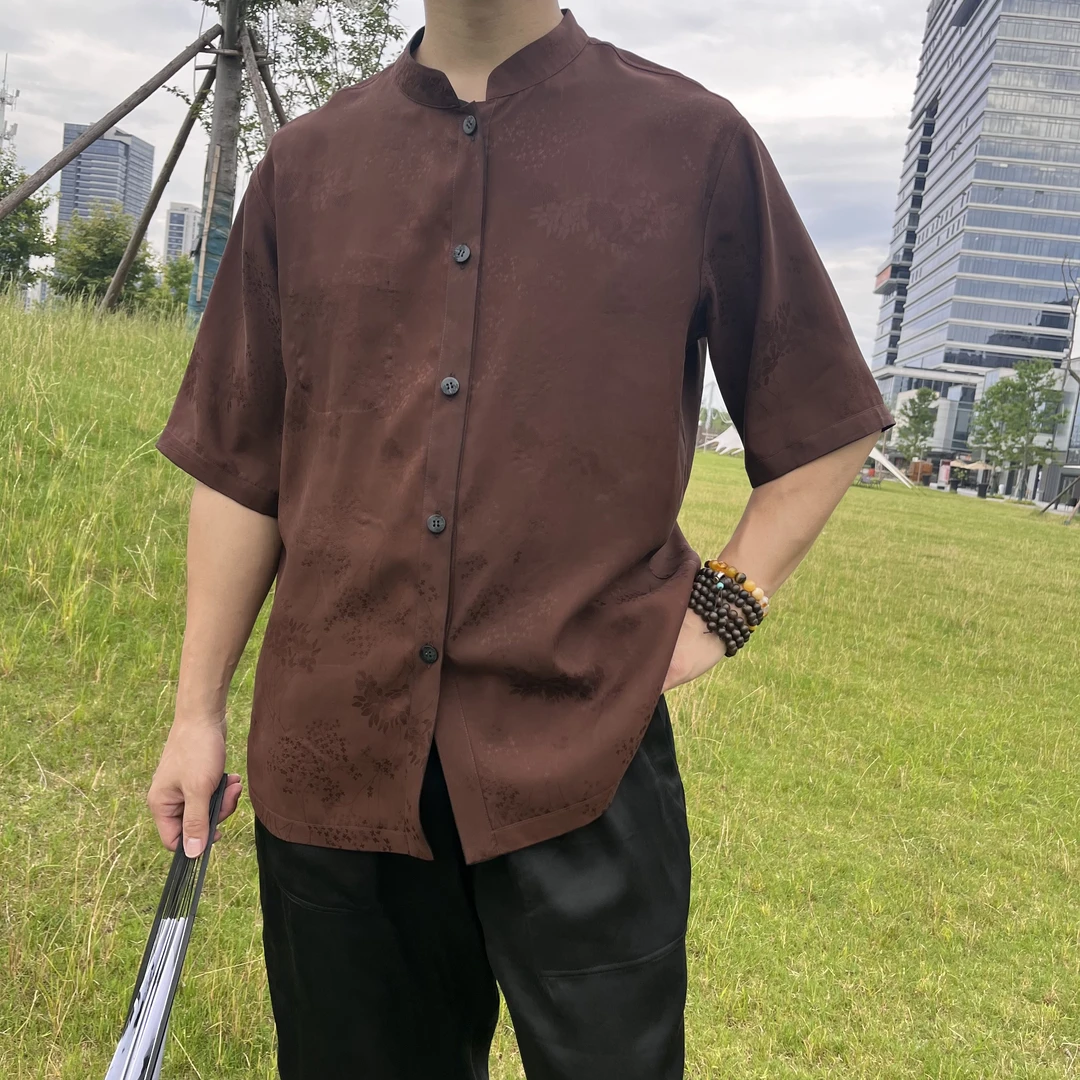 香云纱100桑蚕丝夏季男士提花桑波缎立领国风复古休闲短袖衬衫