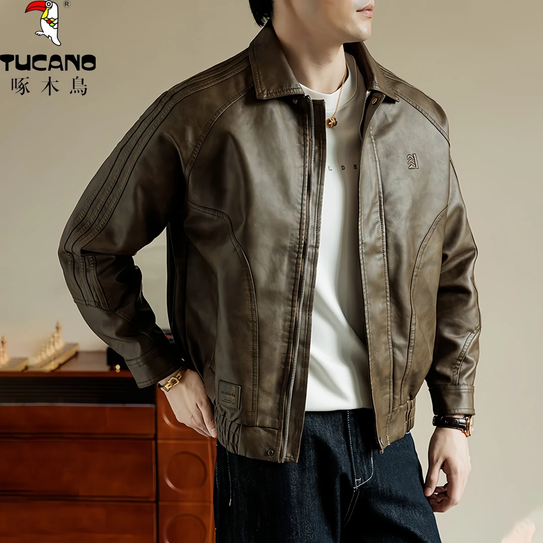 TUCANO/啄木鳥秋季修身男皮衣修身型本布下摆立领夹克翻领工装风