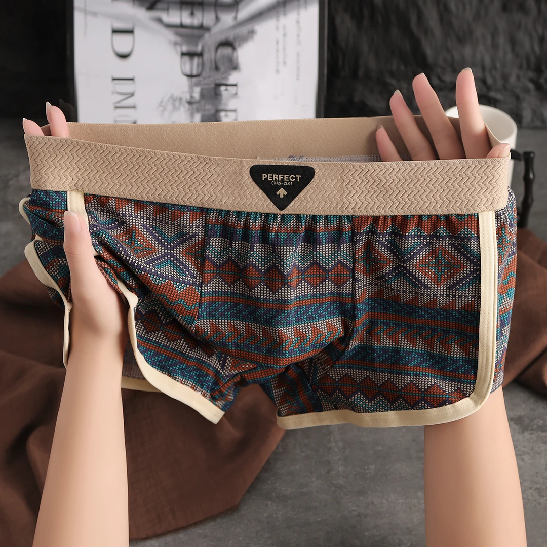 美式印花男士内裤棉感舒适透气青年底裤衩格纹时尚潮流男款四角裤