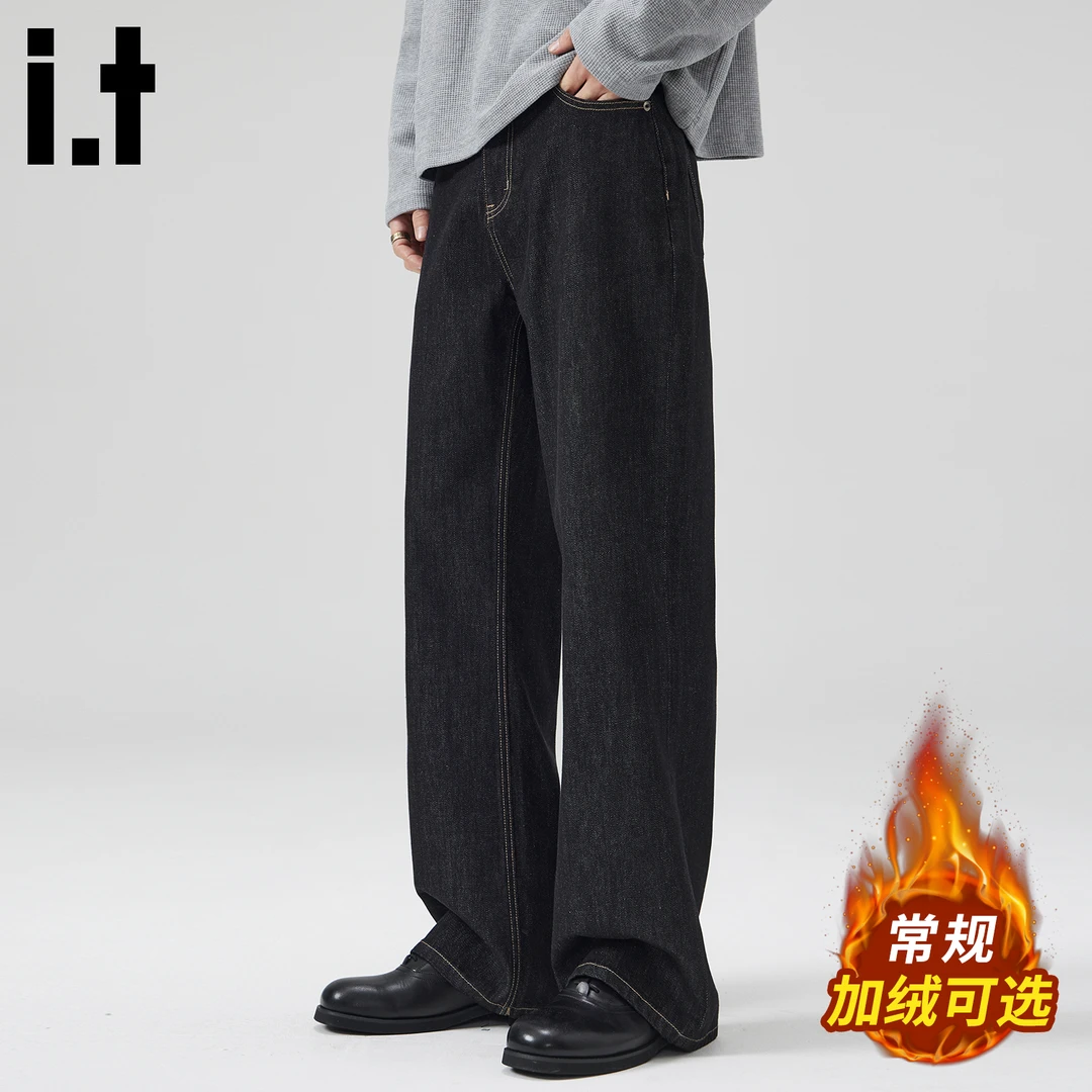 it: CHOCOOLATE原牛黑色加绒保暖牛仔裤男秋冬新款宽松直筒长裤子