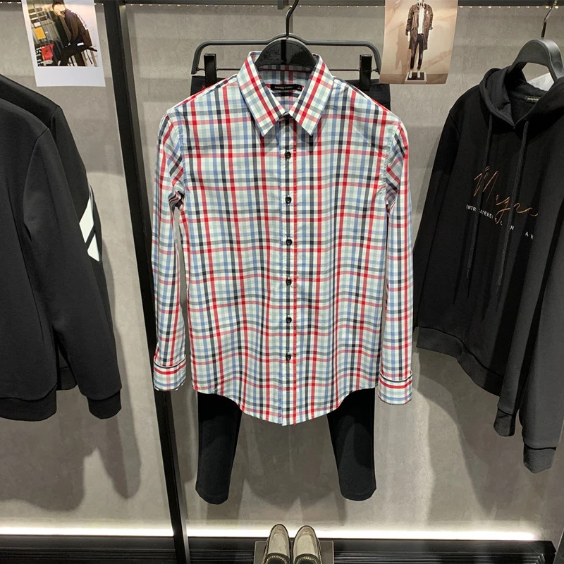 秋季斯文文艺格子衬衫青年男装格纹休闲潮流修身男士韩版衬衣