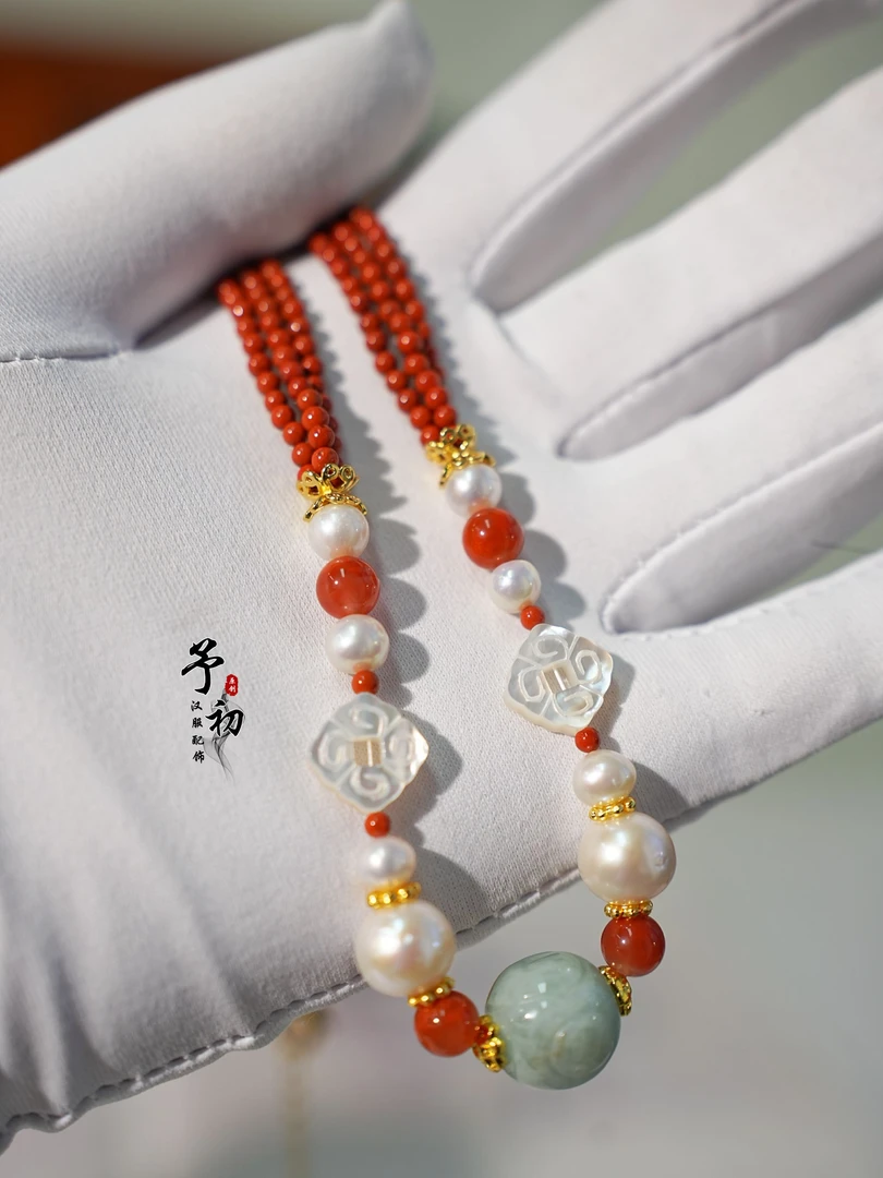 铜合金项链 予初【鸿韵堂】锁骨链原创设计红复古翠色汉服短璎珞