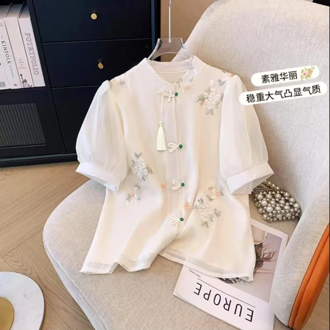 新中式国风刺绣雪纺衬衫小众夏季新款女装短袖衬衣搭配设计感上衣