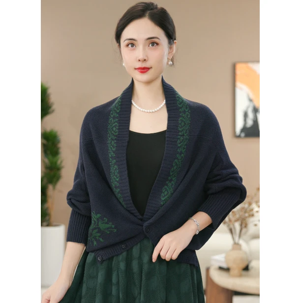 【涧蓝正品】秋冬新款气质减龄圆领织花开衫女显瘦外套(多种穿法)