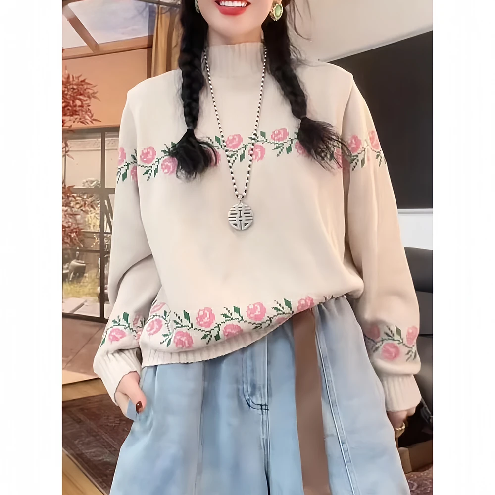 半高领刺绣提花针织衫女秋冬新款慵懒风宽松显瘦洋气内搭毛衣上衣