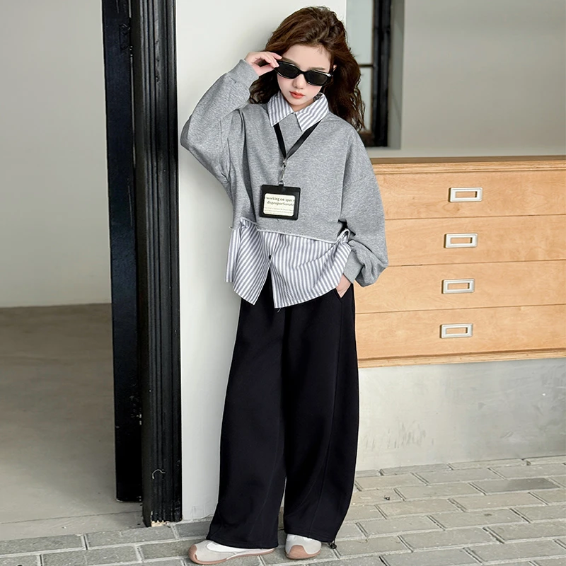 女童秋装套装2025新款中大童洋气POLO领假两件休闲洋气学院风卫衣