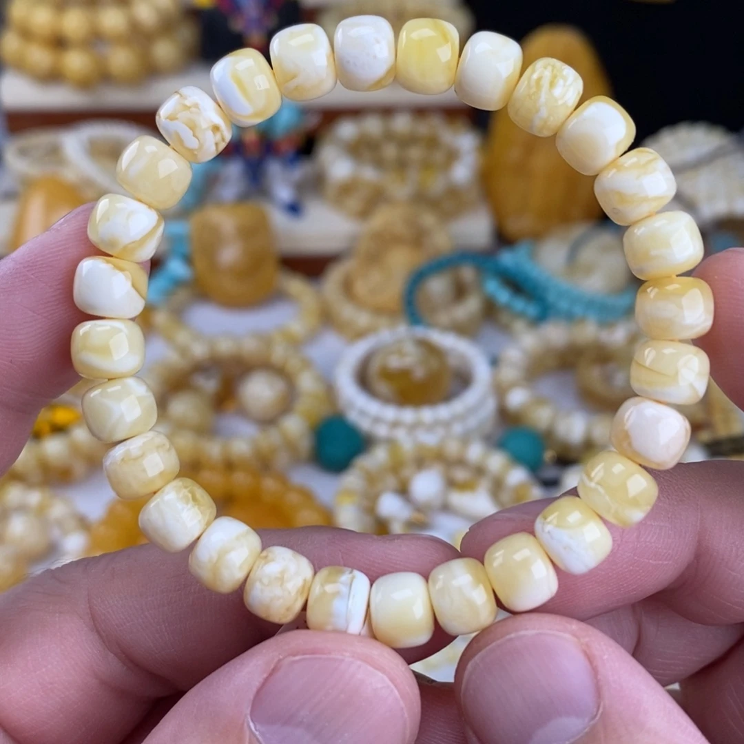 蜜蜡未镶嵌手链瓷白虎皮纹8mm