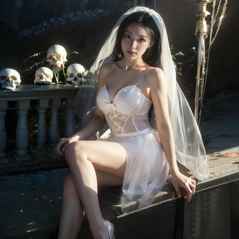 情人节婚纱钢圈胸垫网纱蓬蓬裙纯欲性感睡裙白色法式气质蕾丝欧美